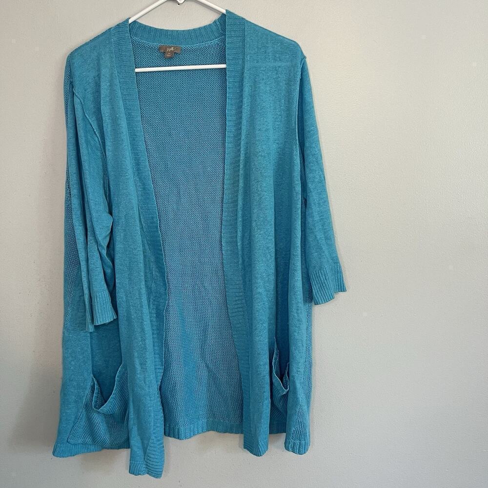 J Jill Womens 100% Linen Knit Open Front Cardigan Blue Sz XL Longline Wrap